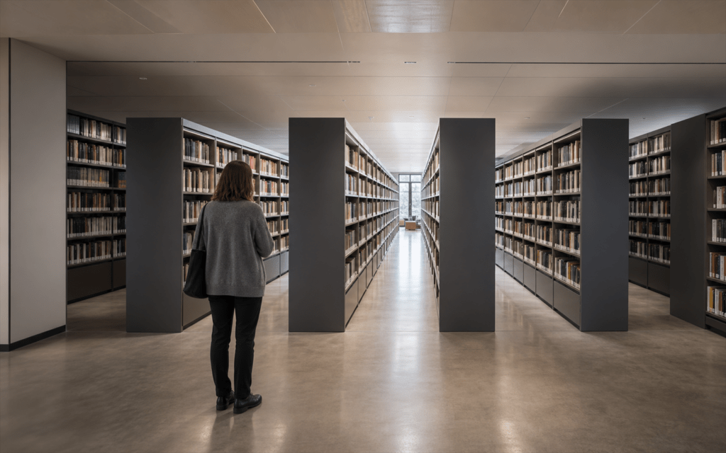 Cilvēks bibliotēkas gaitenī starp plauktiem